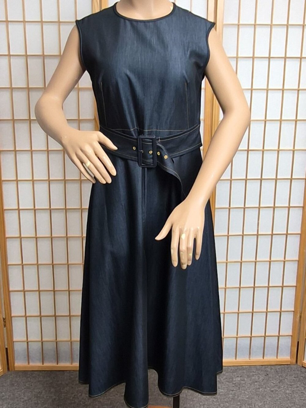 Calvin Klein navy blue denim look sleeveless belted midi dress size 10 EUC